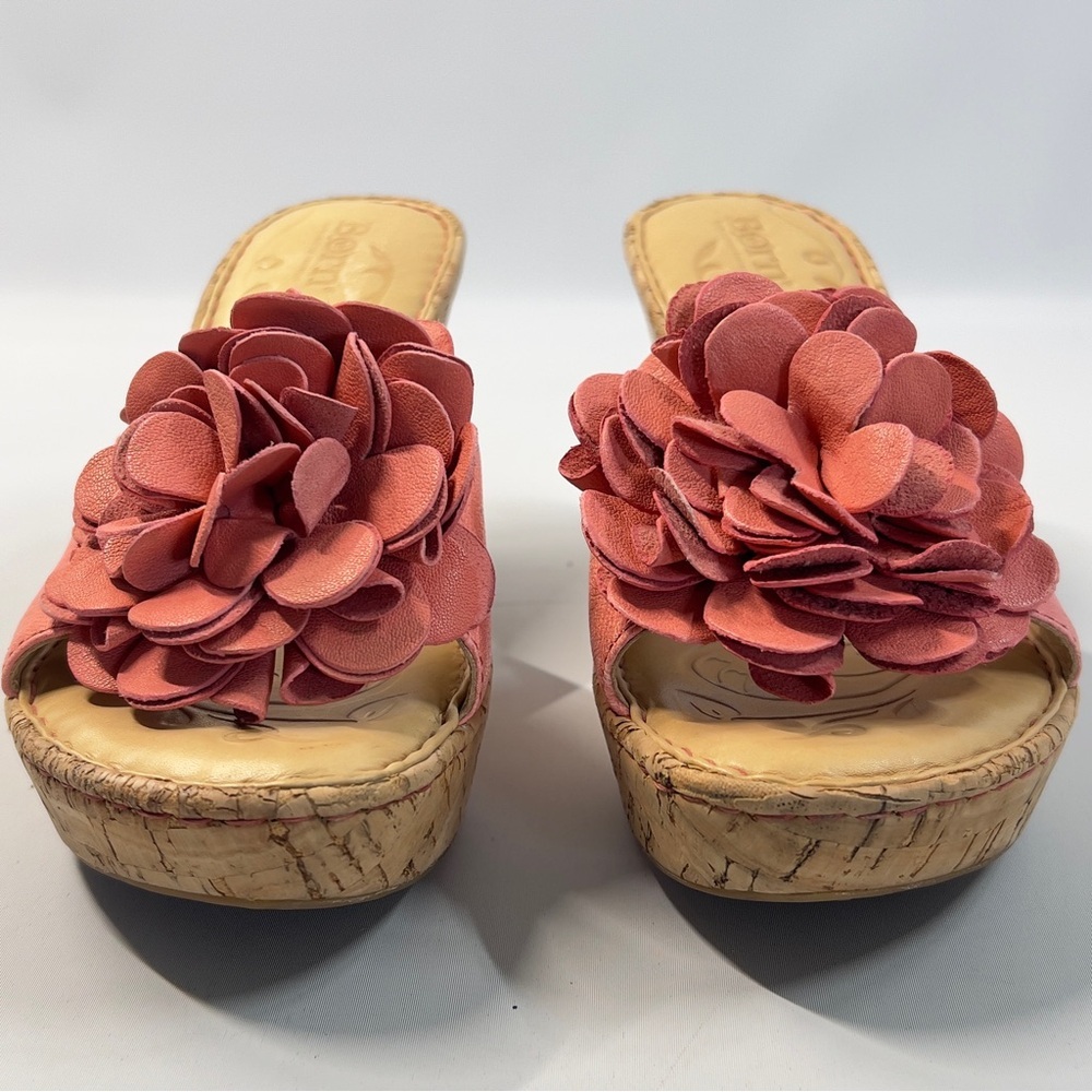 BORN women’s size EU 38 US 7 Rose Pink Flower Slip On Wedge 4” Heels - Picture 5 of 10